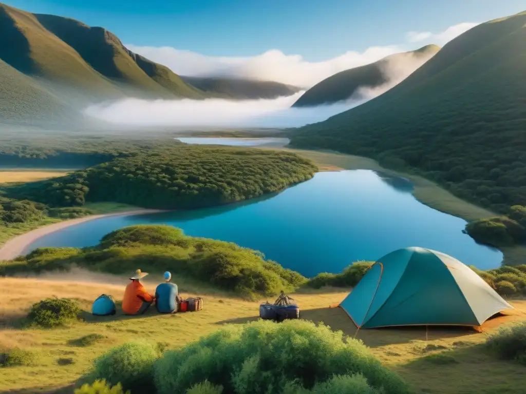 Grupo de campistas montando su carpa en la hermosa naturaleza de Uruguay