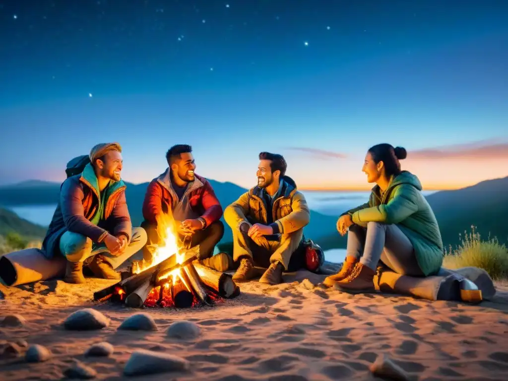 Grupo de campistas alrededor de fogata en la noche, bajo un cielo estrellado