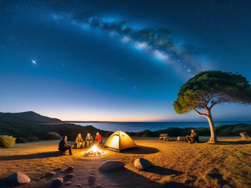 Grupo de campistas iluminados por lámparas de cabeza alrededor de fogata en campamento nocturno, bajo cielo estrellado en Uruguay