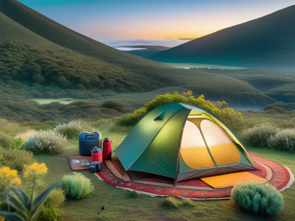 Un grupo de campistas disfruta de una noche acogedora en un campamento en Uruguay, rodeados de accesorios de camping imprescindibles