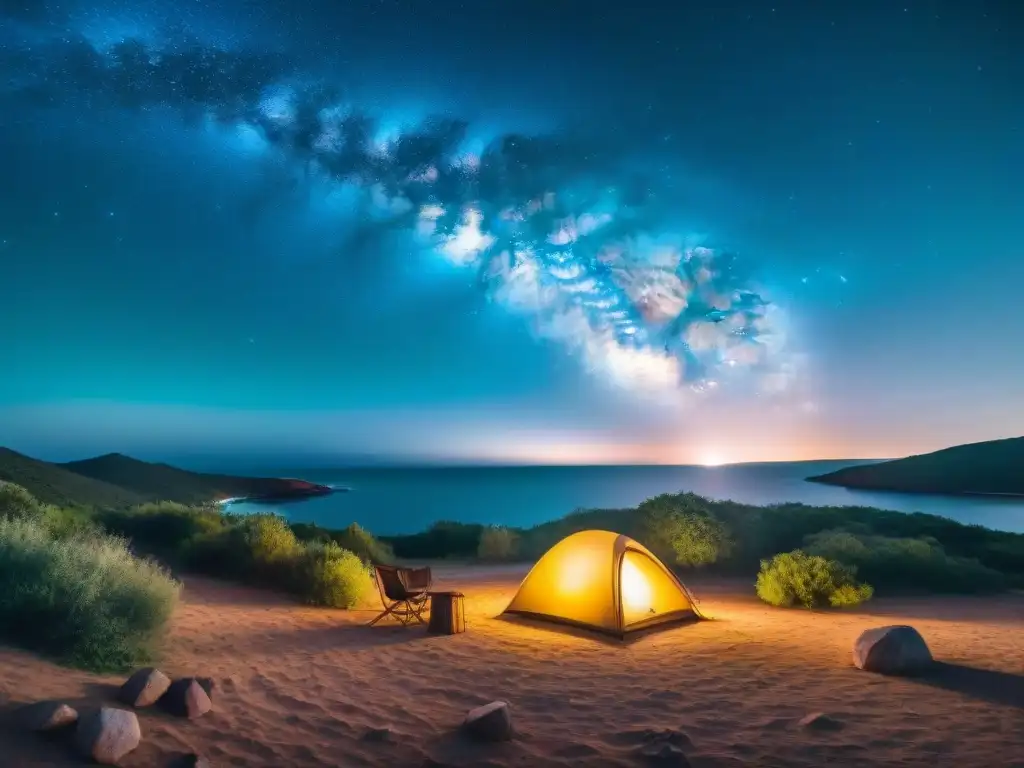 Grupo de campistas disfrutando de una noche estrellada en Uruguay, uno de los mejores lugares para acampar