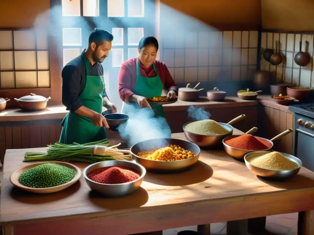 Un grupo de chefs preparando platos de cocina afrouruguaya auténtica y deliciosa en una cocina rústica al atardecer