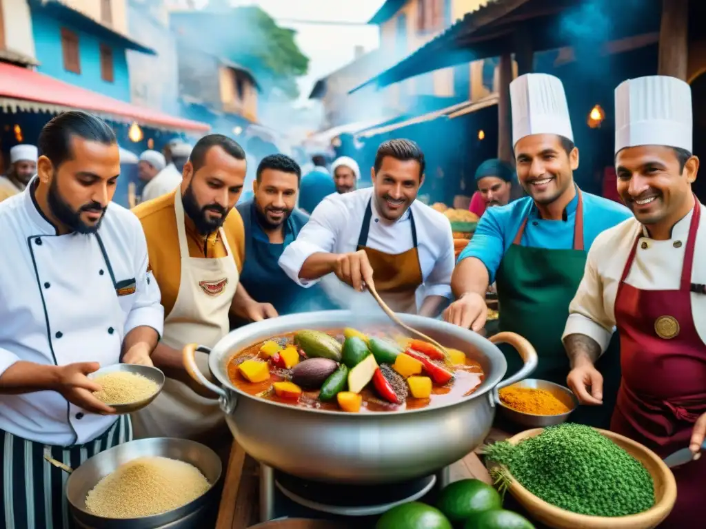 Un grupo de chefs en trajes tradicionales africanos y uruguayos cocinando una deliciosa y auténtica comida afrouruguaya en un mercado vibrante