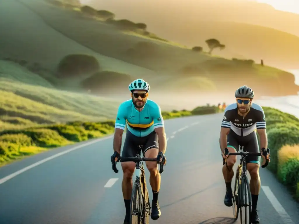 Un grupo de ciclistas diversos disfrutando del atardecer en la costa de Uruguay