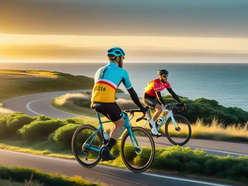 Un grupo de ciclistas disfruta del atardecer en Punta del Este, Uruguay