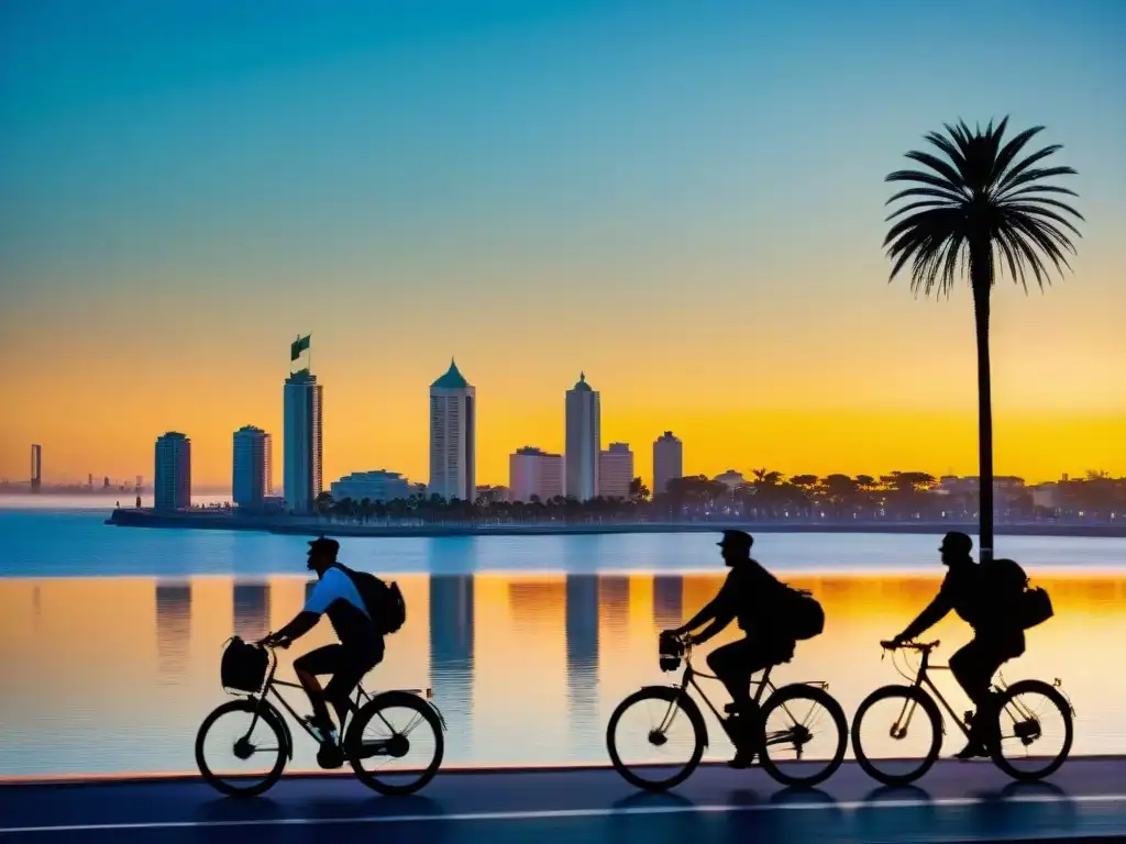 Un grupo de ciclistas pedaleando al atardecer por la Rambla de Montevideo, con la ciudad al fondo