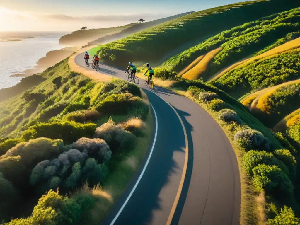 Un grupo de ciclistas explorando Uruguay en bicicleta, rodeados de naturaleza y con el sol poniéndose al fondo