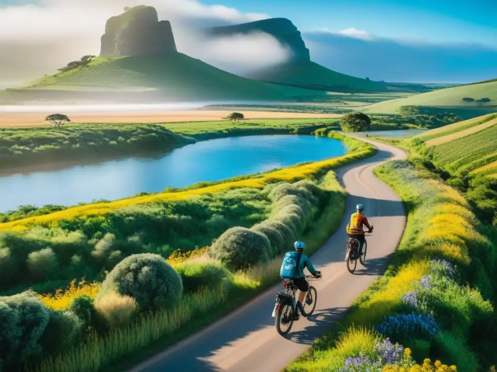 Un grupo de ciclistas recorre en bicicletas eléctricas la exuberante naturaleza de Uruguay en un día soleado, transmitiendo aventura y emoción