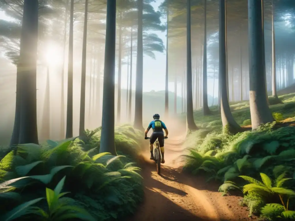 Grupo de ciclistas recorriendo bosques verdes en Uruguay, reflejando aventura y conexión con el patrimonio natural