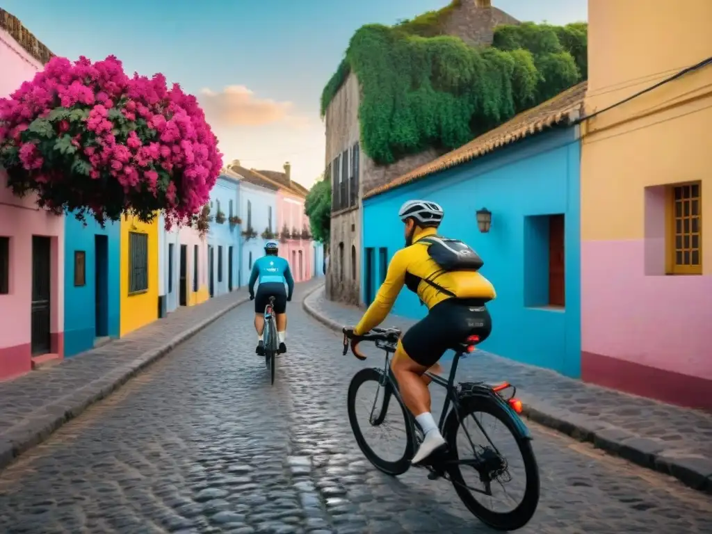 Un grupo de ciclistas recorriendo las calles empedradas de Colonia del Sacramento, rodeados de arquitectura colonial y flores