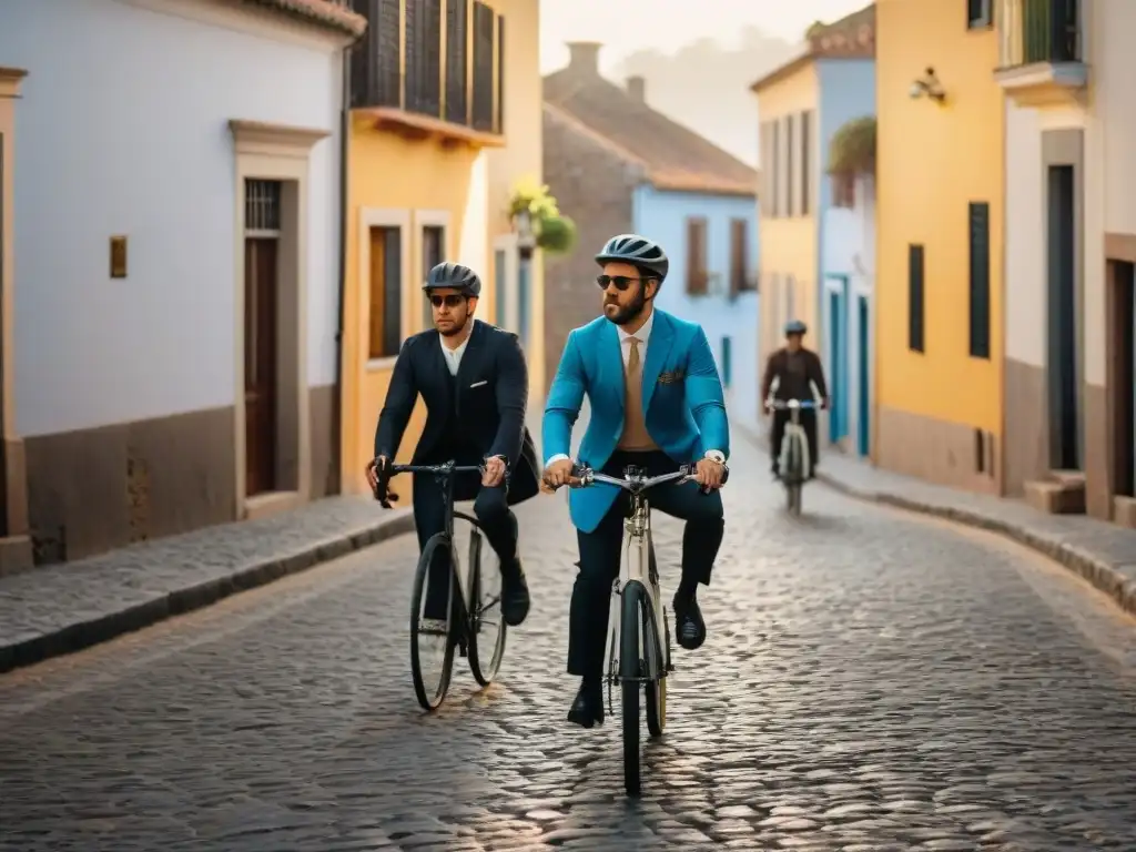 Un grupo de ciclistas recorriendo las calles empedradas de Colonia del Sacramento, Uruguay, con edificios coloniales al fondo
