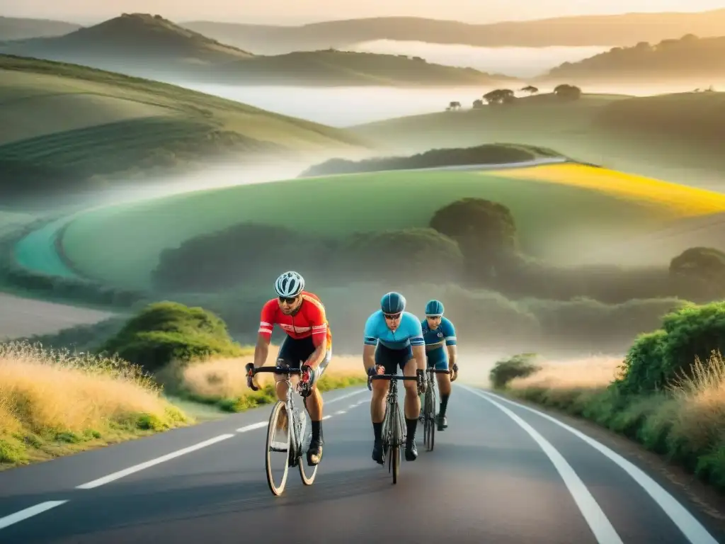 Un grupo de ciclistas en Uruguay pedaleando por el campo al atardecer, transmitiendo aventura y emoción