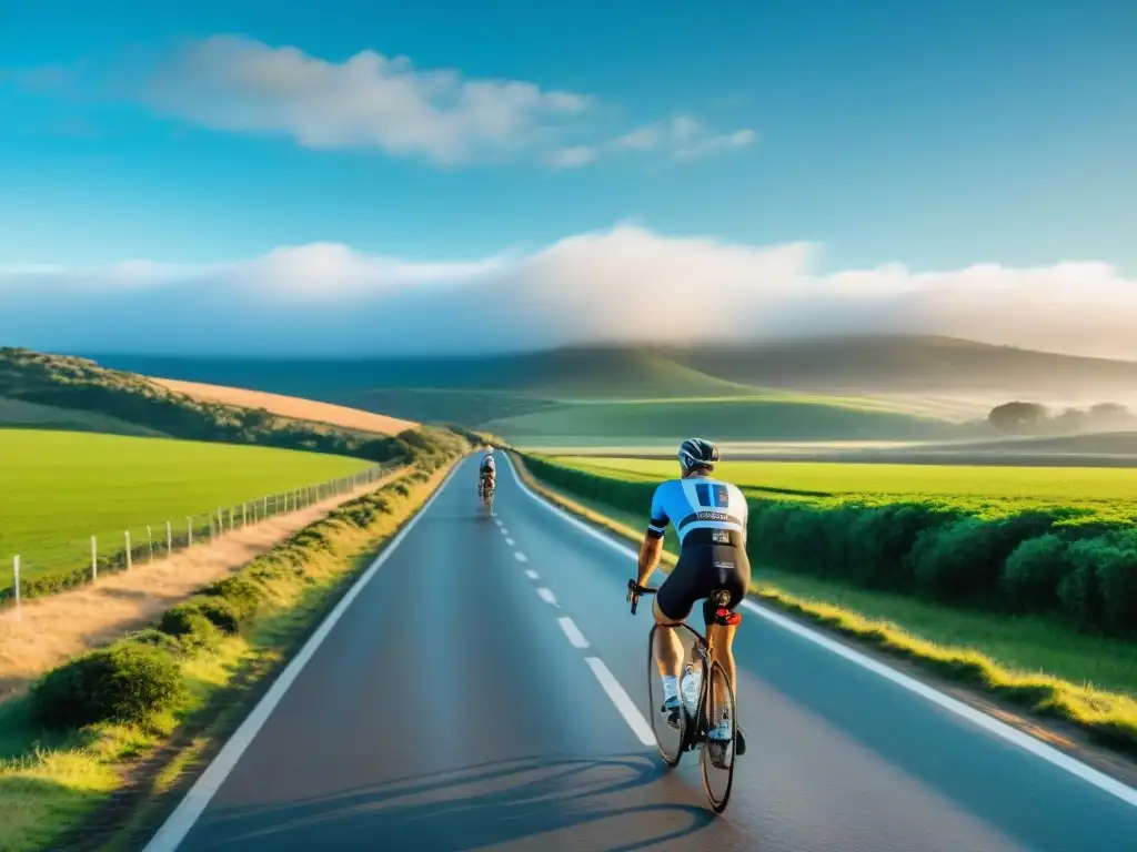 Grupo de ciclistas en preparación para ciclismo de larga distancia en Uruguay, pedaleando por paisajes pintorescos