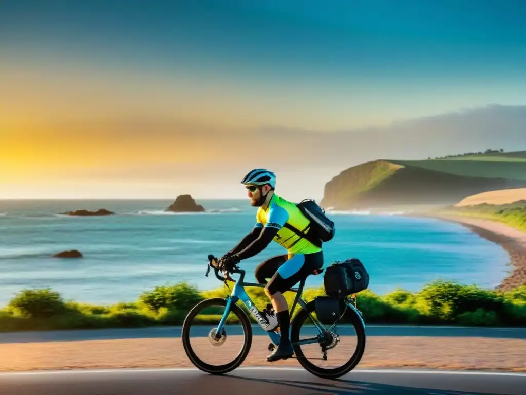 Un grupo de ciclistas recorre la costa de Uruguay al atardecer, rodeados de naturaleza y el mar