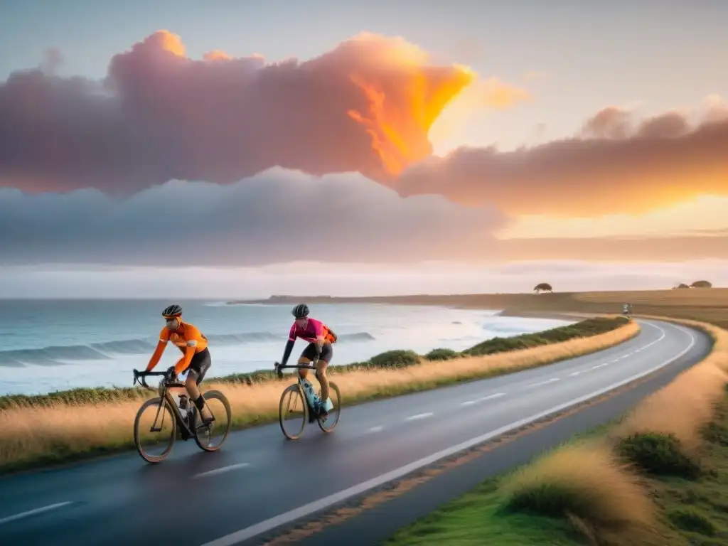 Un grupo de ciclistas recorriendo la costa de Uruguay al atardecer, con tonos naranjas y rosados pintando el cielo