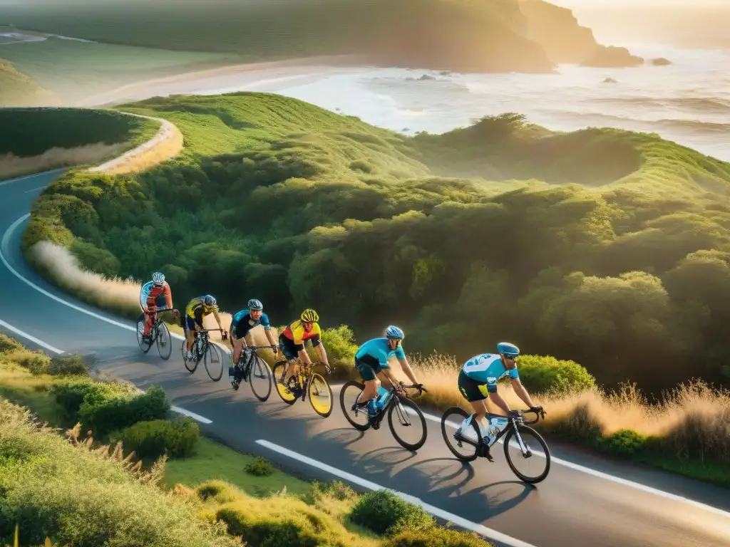 Un grupo de ciclistas diversos recorriendo la costa de Uruguay al atardecer, transmitiendo aventura y camaradería