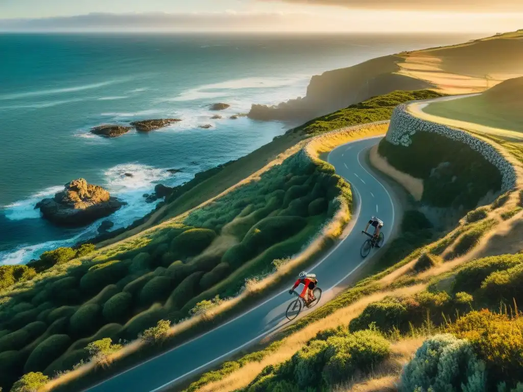 Un grupo de ciclistas recorre la costa de Uruguay al atardecer