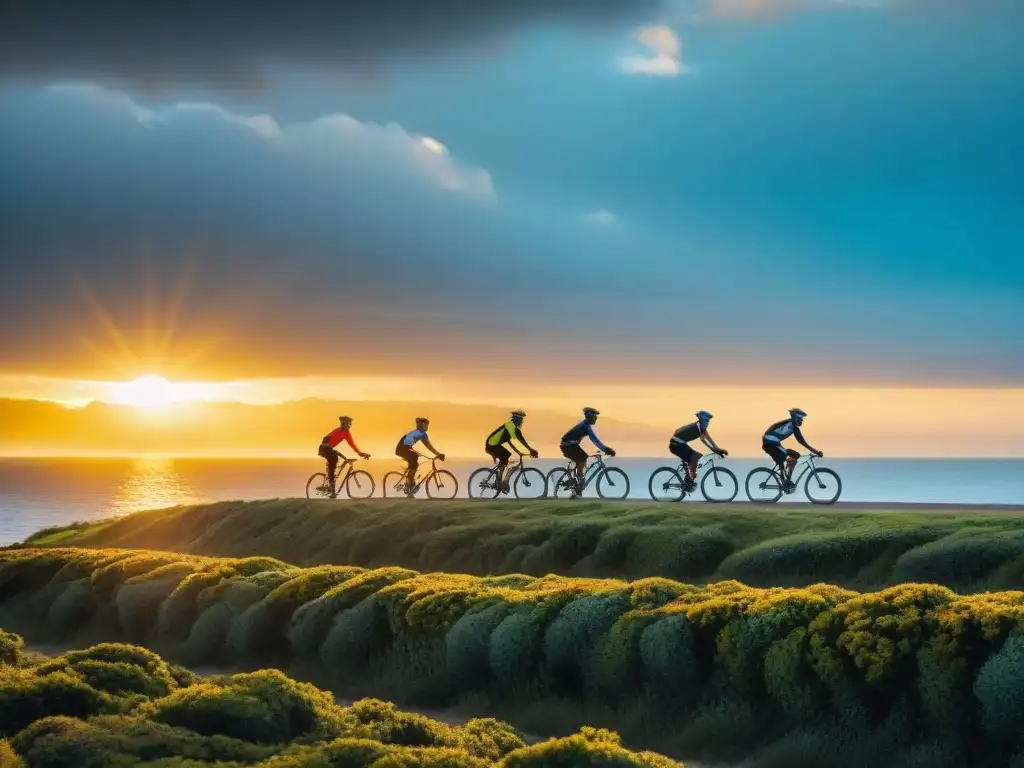 Grupo de ciclistas recorriendo la costa de Uruguay al atardecer, rodeados de naturaleza y mar