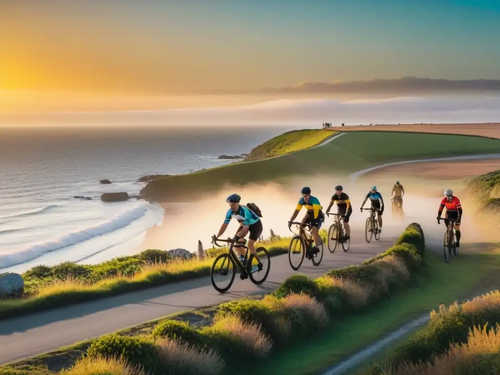 Un grupo de ciclistas recorriendo la costa de Uruguay al atardecer, mostrando la belleza de las rutas en bicicleta por Uruguay