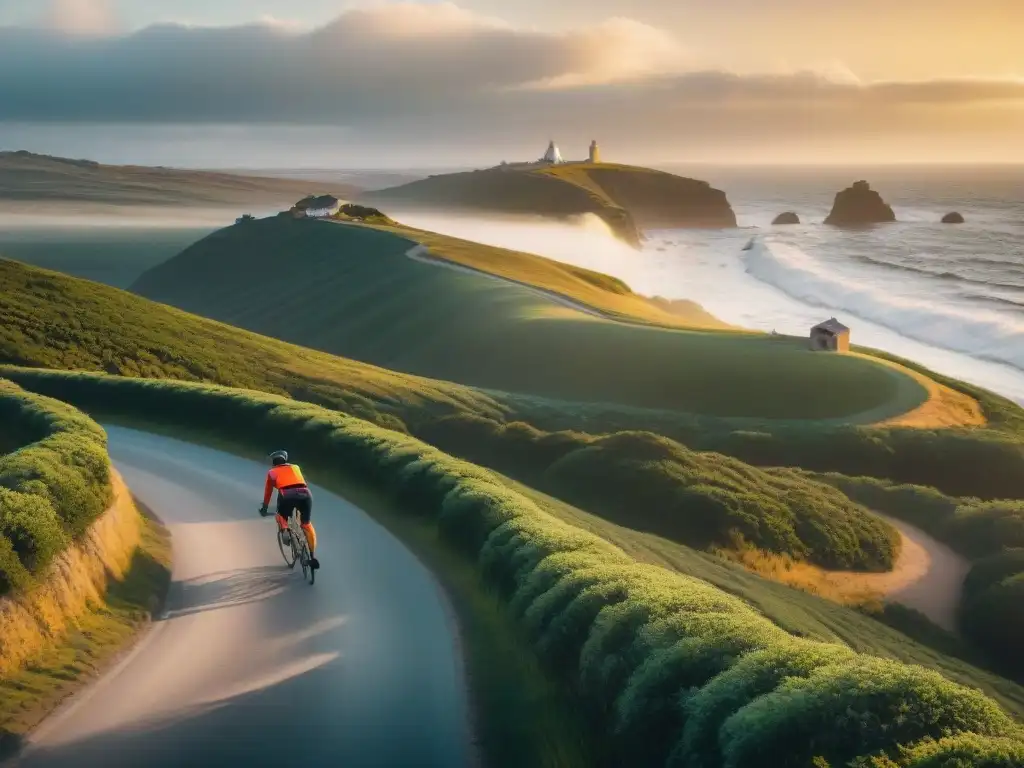 Un grupo de ciclistas recorre la costa de Uruguay al atardecer, con el sol creando un ambiente cálido y colorido