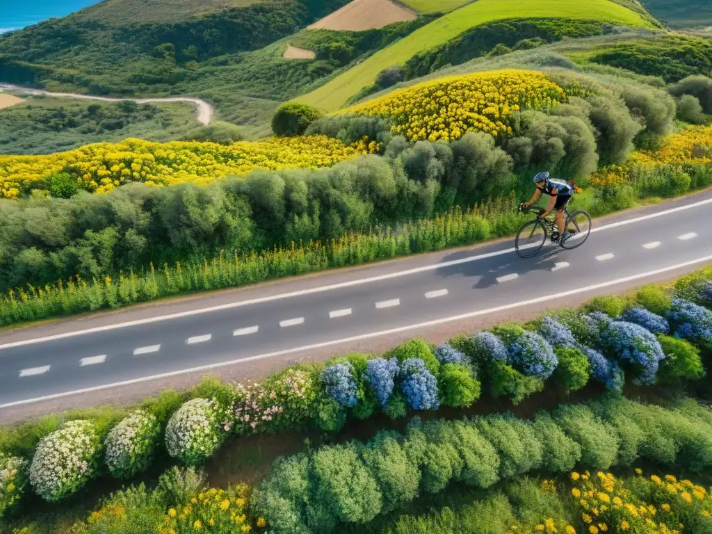 Un grupo de ciclistas recorriendo la costa de Uruguay en bicicleta, rodeados de naturaleza exuberante y el mar azul