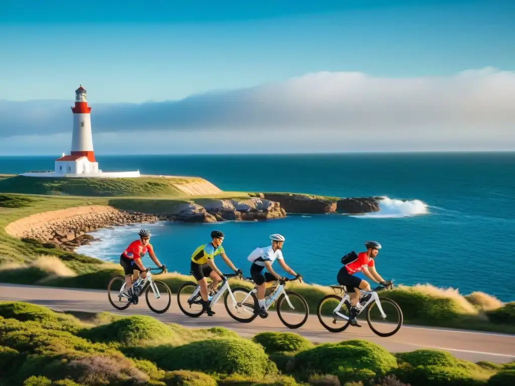 Un grupo de ciclistas recorriendo la costa de Punta del Este, Uruguay, con el icónico faro de fondo