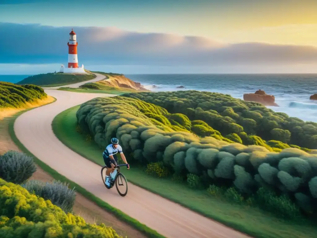 Un grupo de ciclistas recorriendo la costa de Punta del Este al atardecer, rodeados de naturaleza exuberante