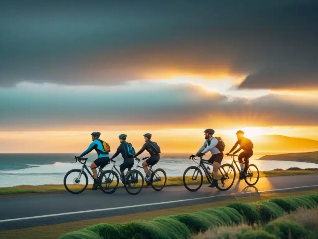 Un grupo de ciclistas diverso pedaleando por la impresionante costa de Uruguay al atardecer, mostrando camaradería y aventura