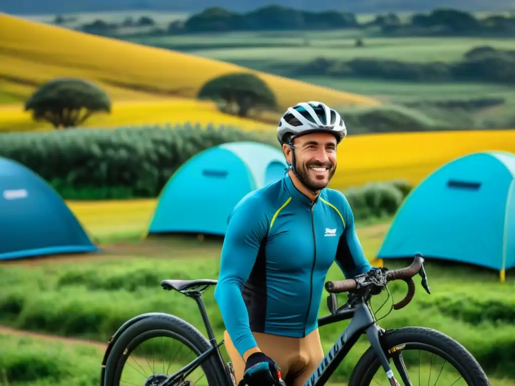 Grupo de ciclistas entusiastas en campamentos ciclistas en Uruguay, rodeados de naturaleza exuberante