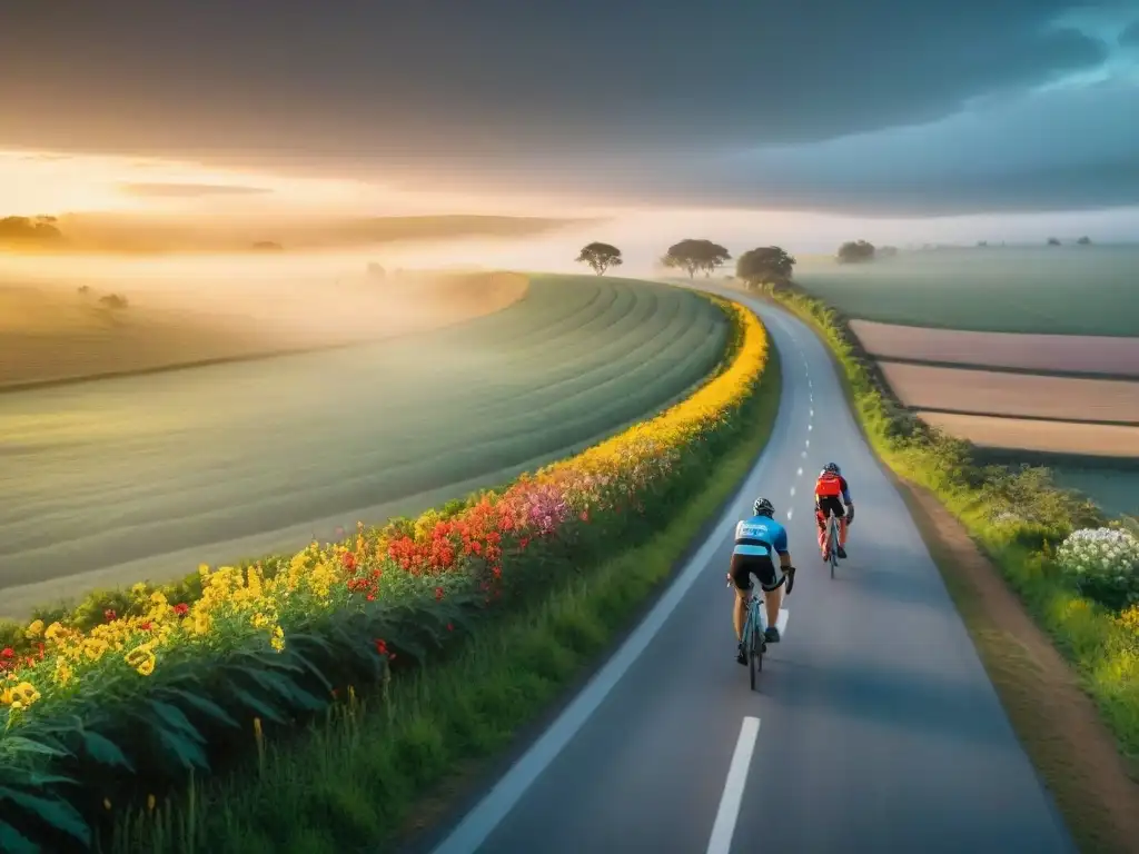 Grupo de ciclistas experimentados recorriendo una pintoresca ruta rural en Uruguay, rodeados de campos verdes y flores silvestres