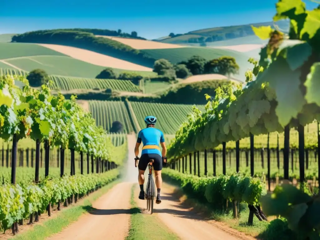 Grupo de ciclistas pedaleando felices entre viñedos en Uruguay