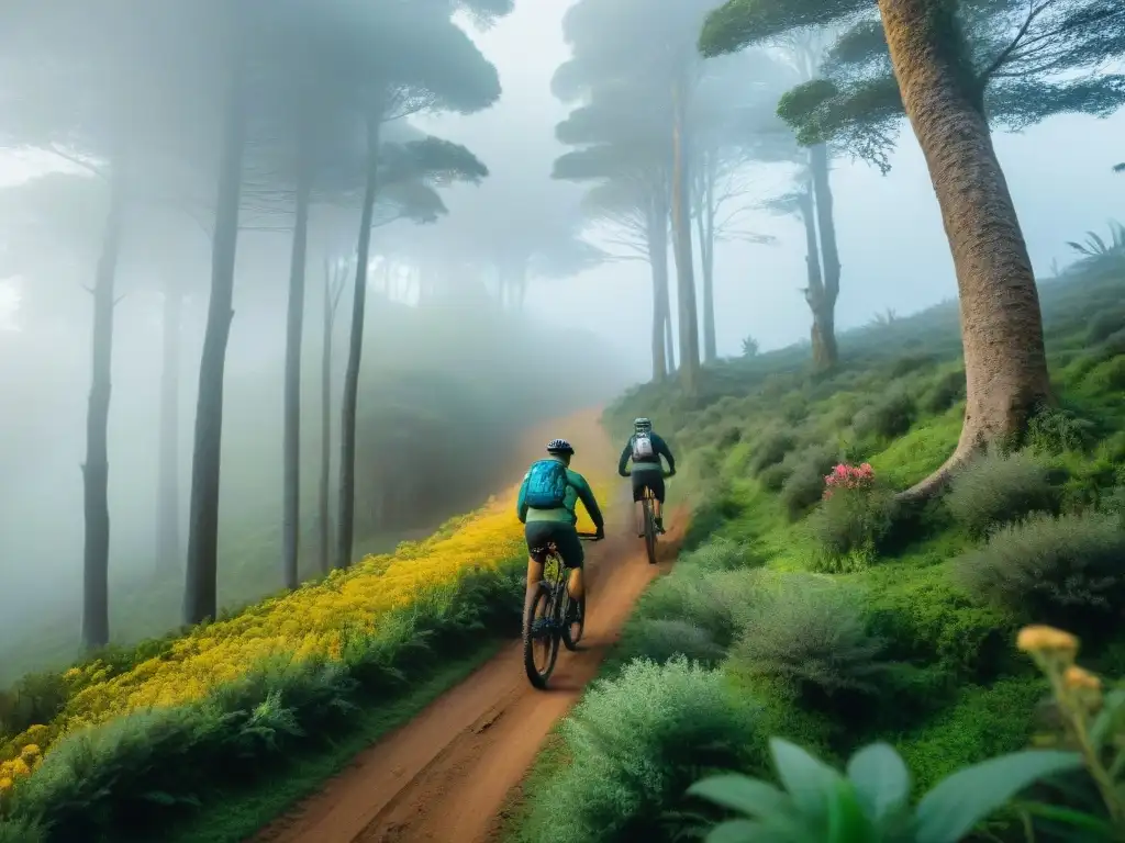 Grupo de ciclistas en mountain bike en Uruguay, inmersos en la naturaleza exuberante del bosque verde