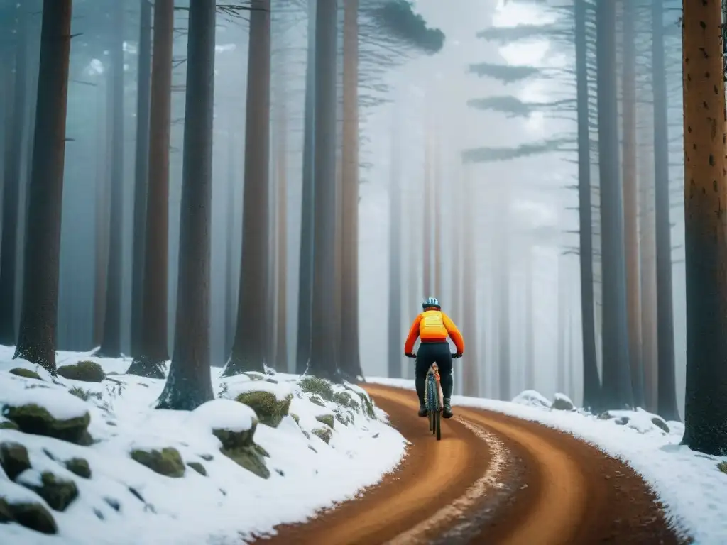 Grupo de ciclistas de montaña en invierno en Uruguay, pedaleando entre árboles nevados en un escenario de ensueño invernal