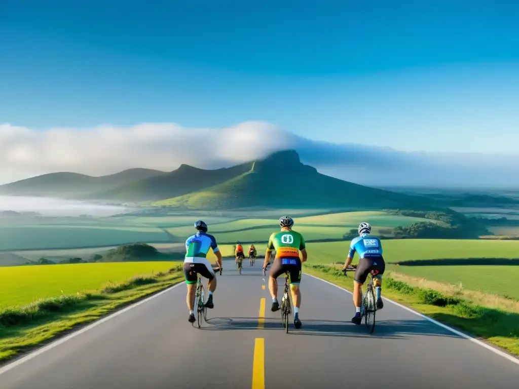 Un grupo de ciclistas con jerseys coloridos pedaleando por el pintoresco campo de Uruguay bajo un cielo azul claro