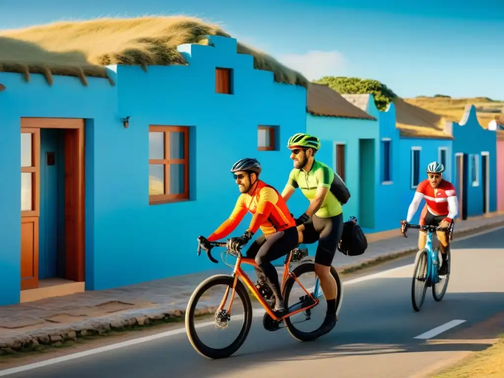 Grupo de ciclistas pedaleando junto a casas tradicionales coloridas en la costa de Uruguay, bajo un cielo azul y el mar brillante a su lado