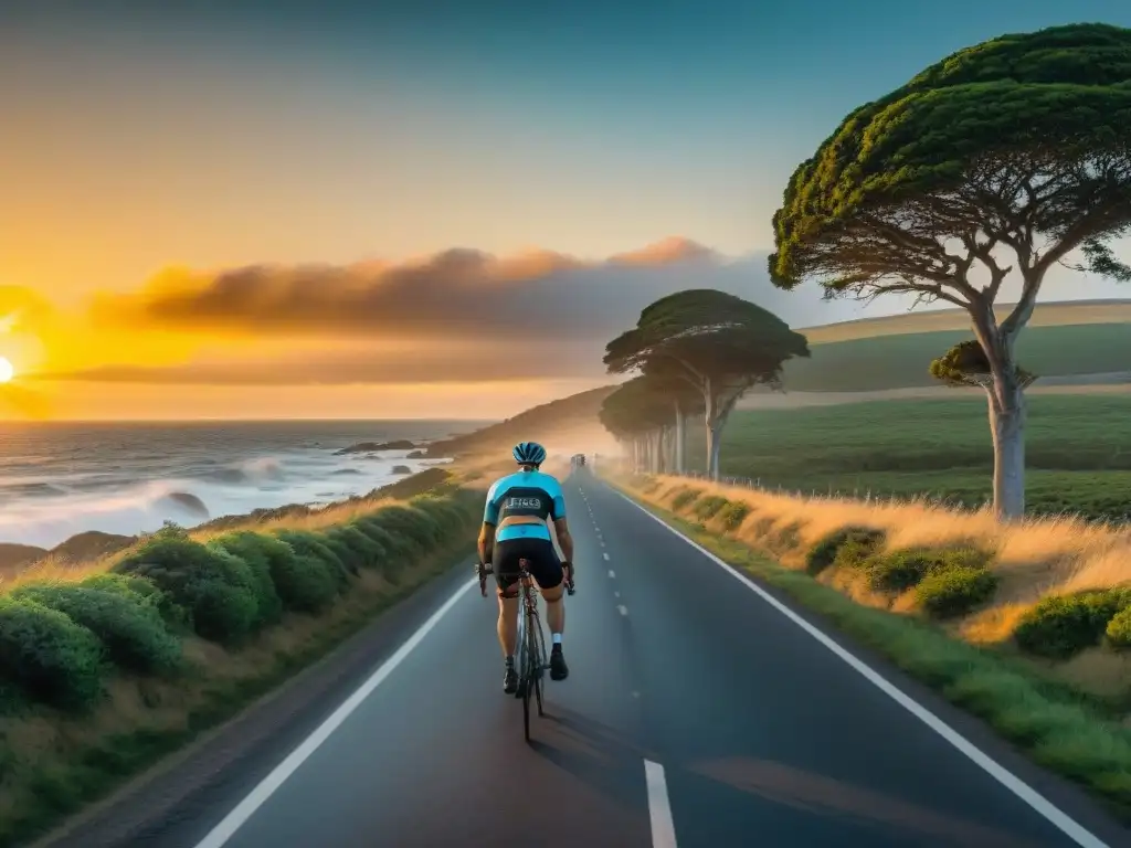 Un grupo de ciclistas diversos pedaleando a lo largo de la costa de Uruguay al atardecer, mostrando la belleza del turismo en Uruguay en bicicleta