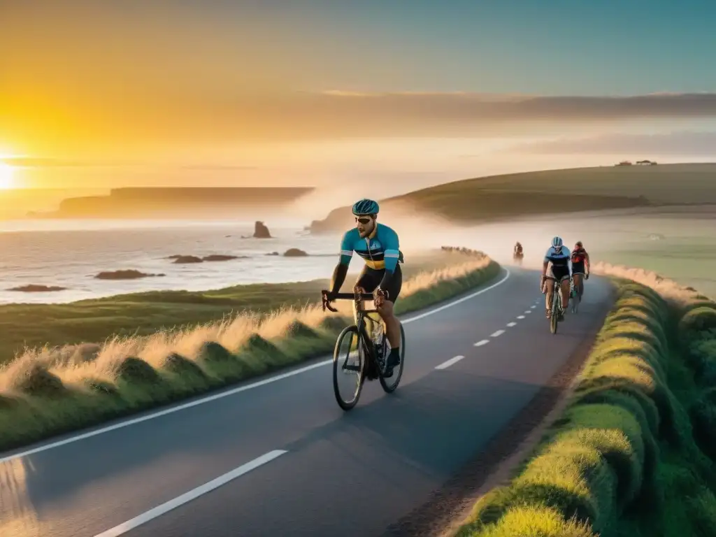 Grupo de ciclistas recorriendo las mejores rutas de ciclismo Uruguay al atardecer, transmitiendo libertad y aventura en dos ruedas