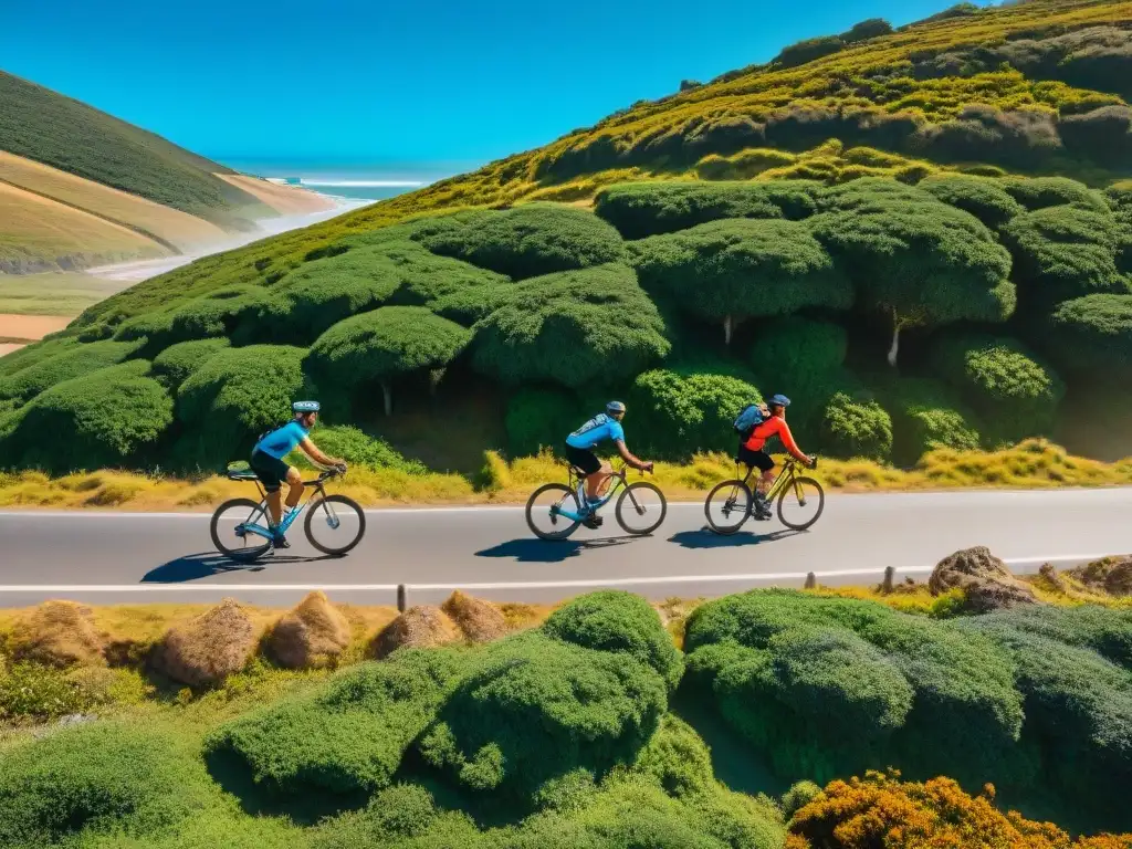 Grupo de ciclistas en las mejores rutas de ciclismo en Uruguay, junto al mar y exuberante vegetación