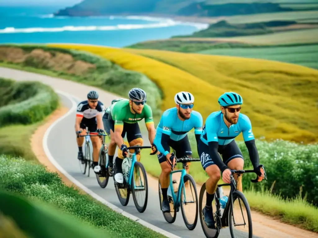 Grupo de ciclistas recorriendo las mejores rutas de ciclismo en Uruguay, con vistas a la costa y colinas verdes