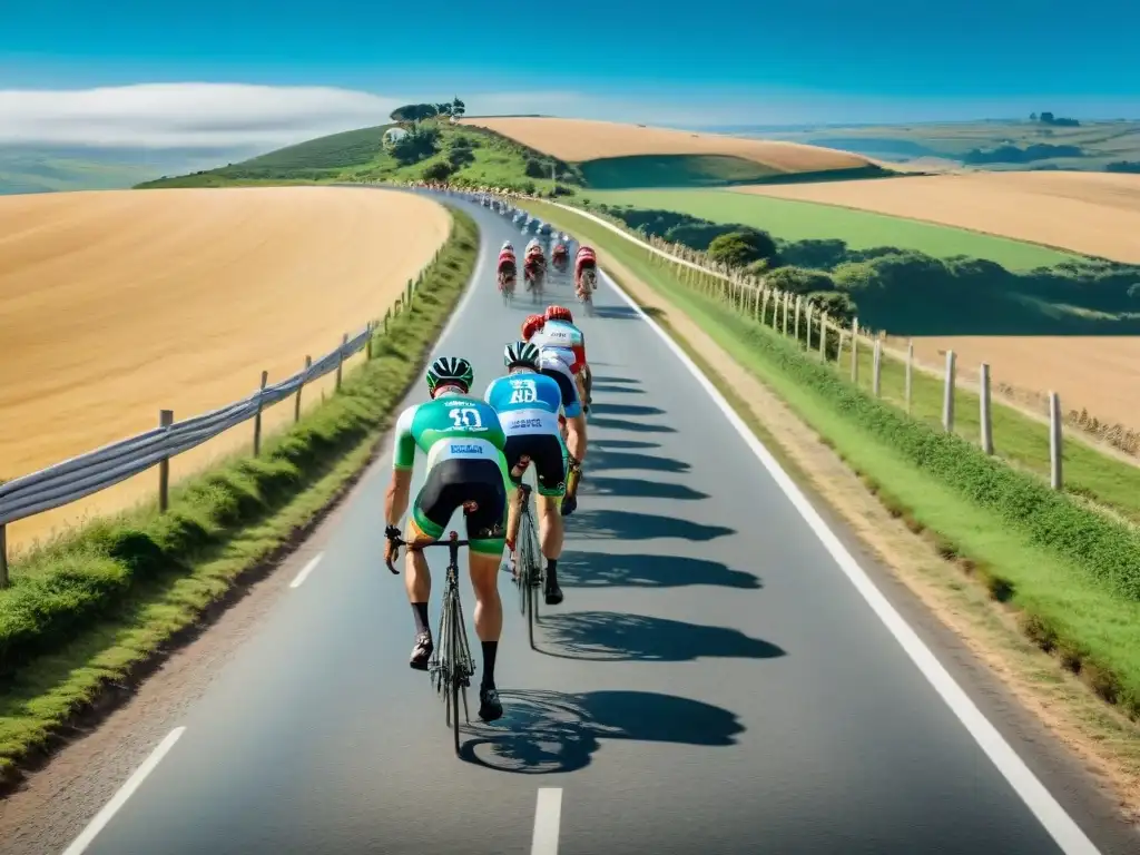 Grupo de ciclistas compitiendo en paisajes verdes de Uruguay, transmitiendo energía y trabajo en equipo