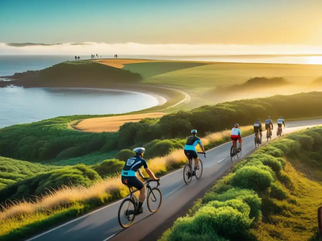 Un grupo de ciclistas recorriendo la pintoresca costa de Uruguay al atardecer, rodeados de naturaleza exuberante y el mar brillante