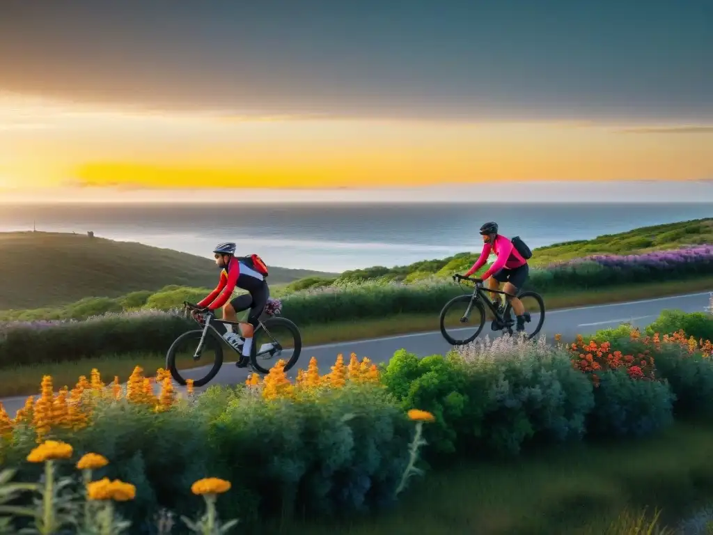 Grupo de ciclistas en la pintoresca costa de Uruguay al atardecer, rodeados de naturaleza exuberante