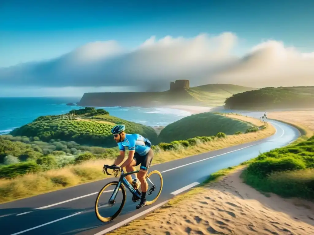 Épica travesía en bicicleta por la costa de Uruguay Un grupo de ciclistas recorriendo la pintoresca costa uruguaya, con el mar azul y playas de arena, en una escena inspiradora