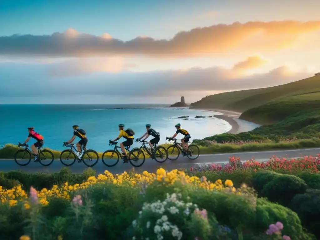 Un grupo de ciclistas recorre la pintoresca costa de Uruguay al atardecer, rodeados de naturaleza exuberante y flores silvestres