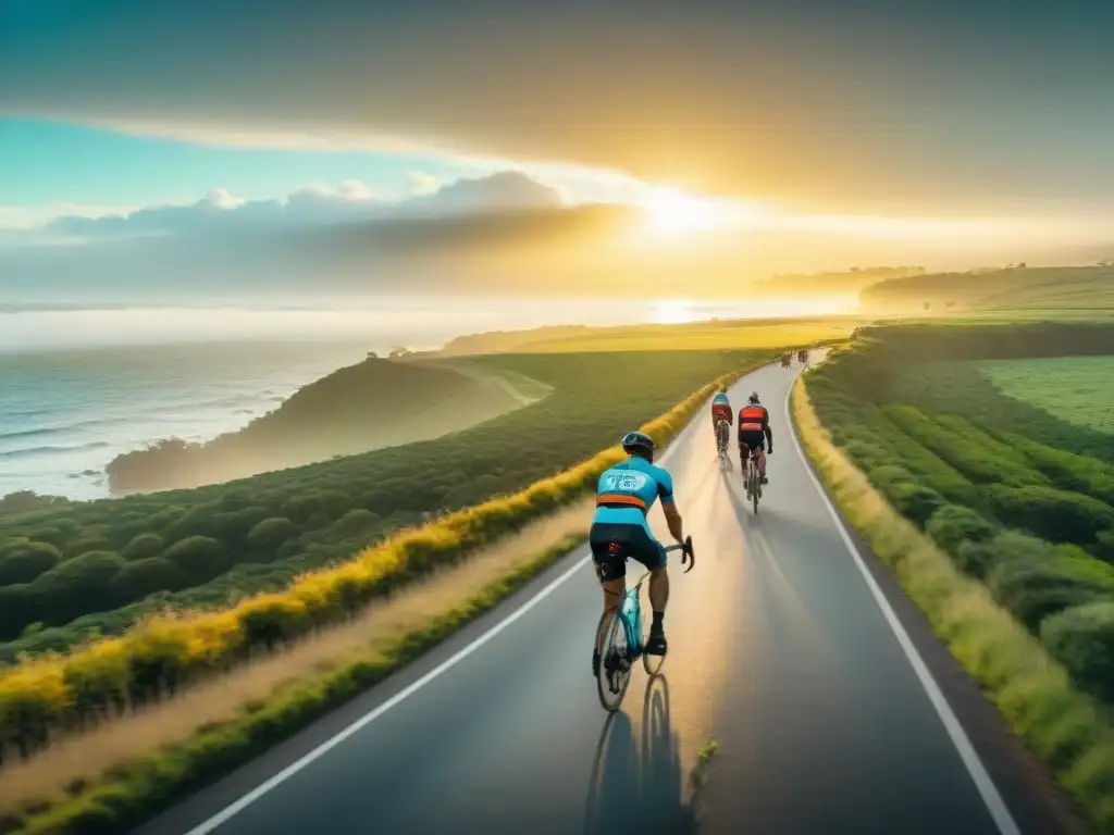 Un grupo de ciclistas recorre la pintoresca costa de Uruguay al atardecer, transmitiendo libertad y aventura