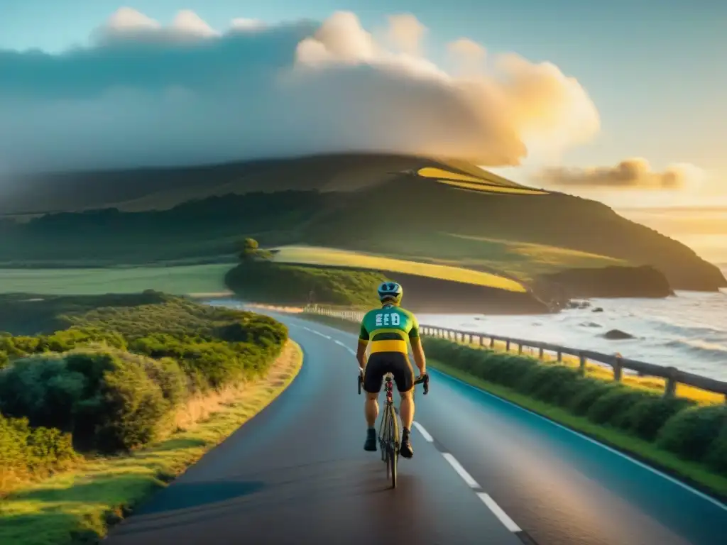 Grupo de ciclistas recorriendo una pintoresca ruta costera en Uruguay al atardecer, con una cálida luz dorada