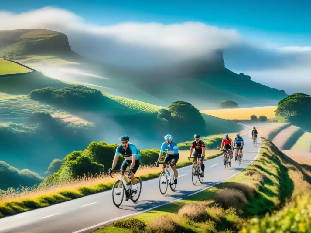 Un grupo de ciclistas recorriendo el pintoresco campo de Uruguay en bicicleta, con colinas verdes y cielo azul