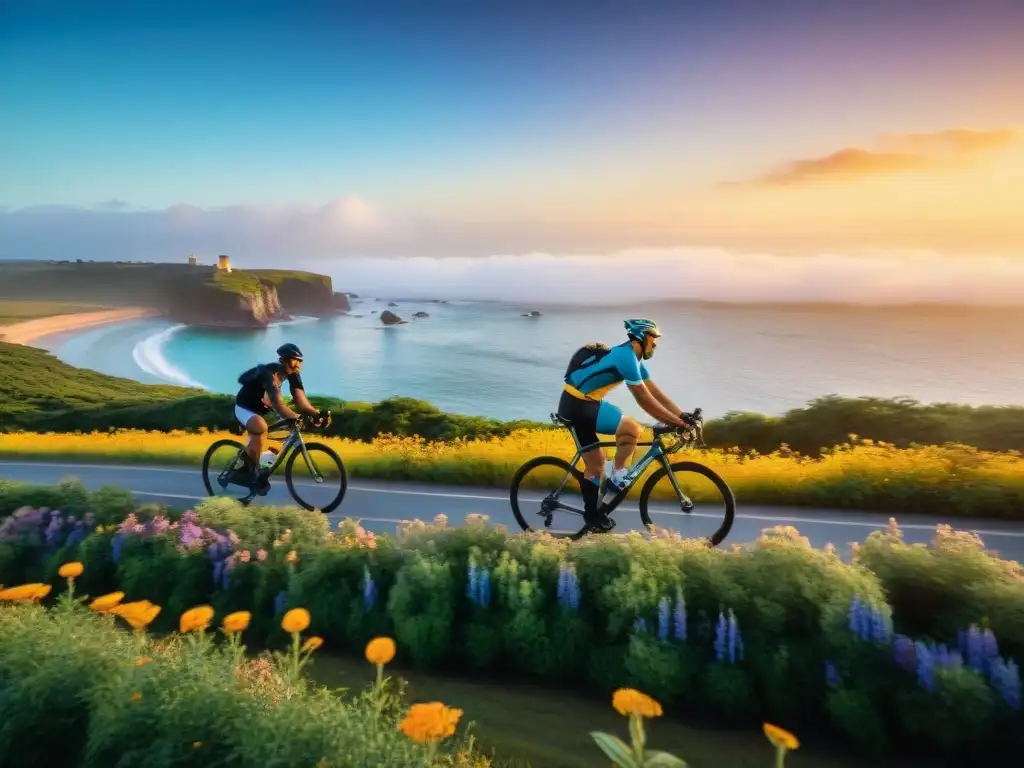 Grupo de ciclistas principiantes pedaleando en la costa de Uruguay al atardecer, rodeados de naturaleza exuberante