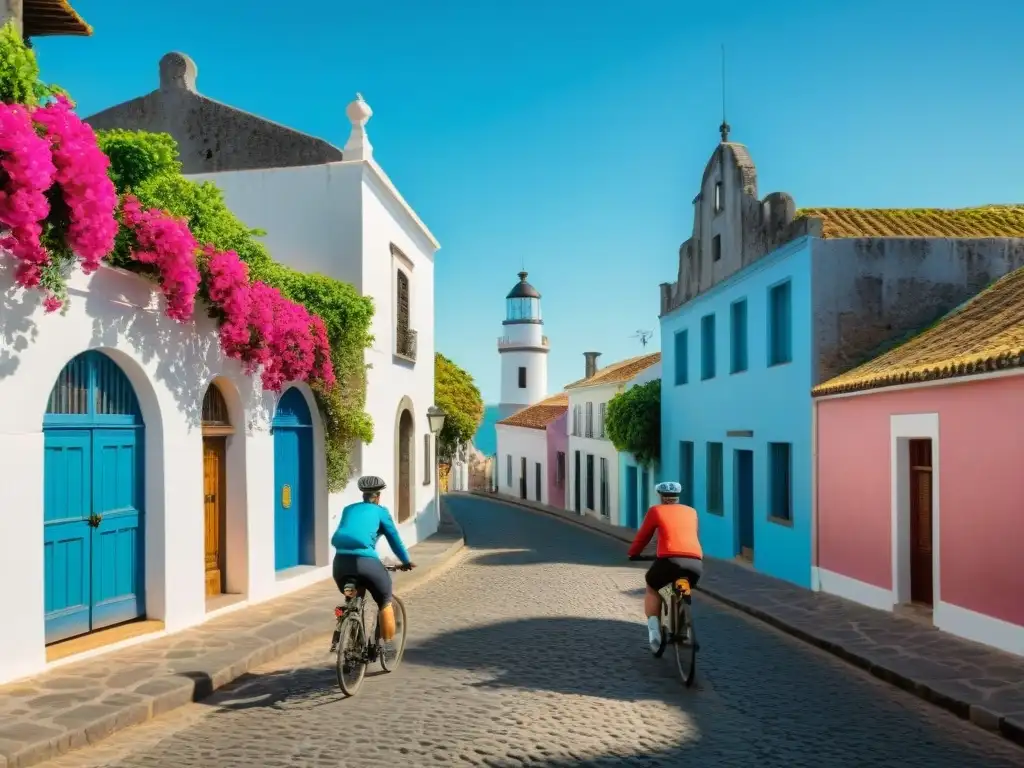 Un grupo de ciclistas en ropa vintage pedalea por las coloridas calles coloniales de Colonia del Sacramento, Uruguay