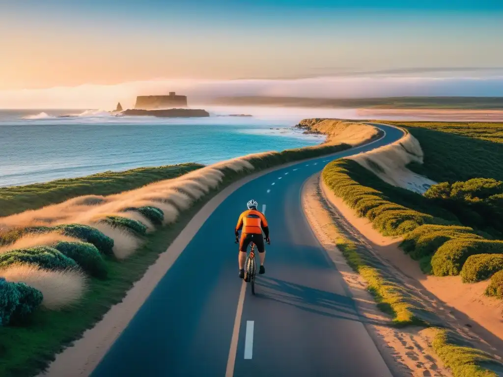 Épica travesía en bicicleta por la costa de Uruguay Un grupo de ciclistas recorre las rutas ciclistas de la costa uruguaya al atardecer, mostrando aventura y libertad